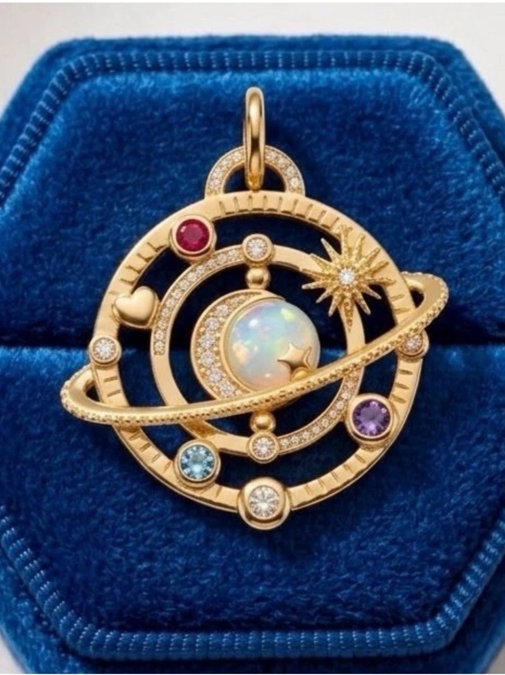 Gold-Tone Celestial Opal Orb Pendant with Multicolor Gem Accents